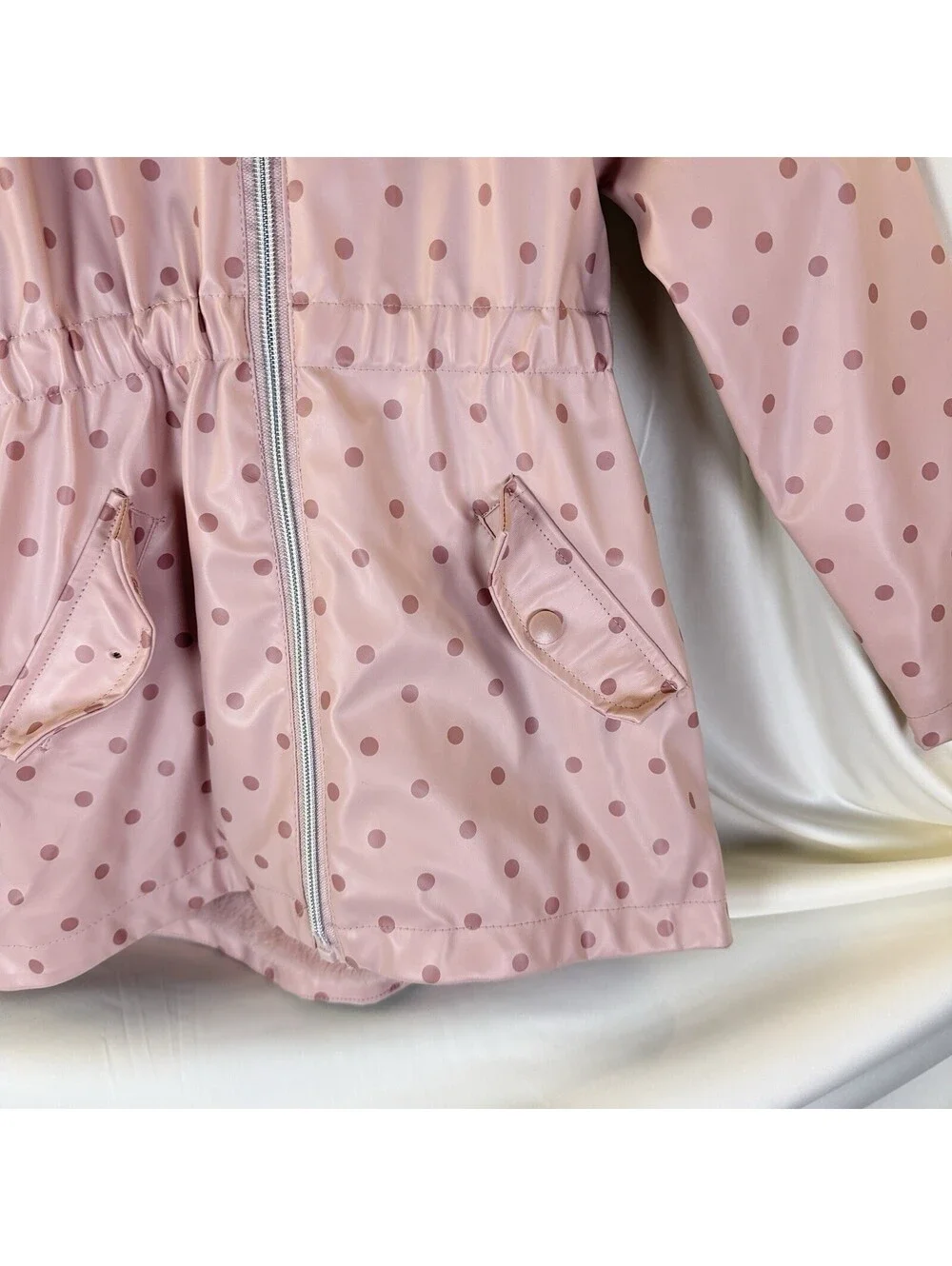 C & C California Girls Pink Rain Jacket Hooded Coat Polka Dot Faux Fur Lined 5